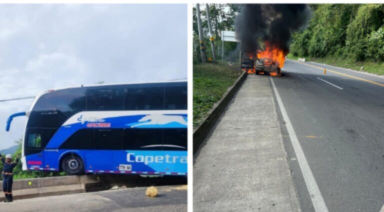 Dos emergencias en Cundinamarca: incendio vehicular y autobús al borde del abismo
